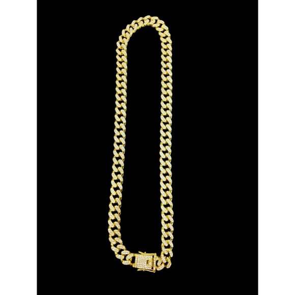 Gold-Tone Cuban Link Chain Necklace Rhinestone Accents -128 - Picture 2 of 2